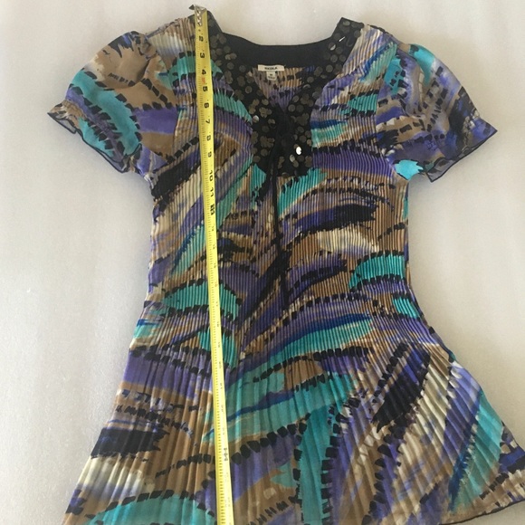 Nicola Multicolor Stretchy Top-Pleated-Puffy Sleeve-M- Sequins-Purple Brown Teal - Picture 5 of 15